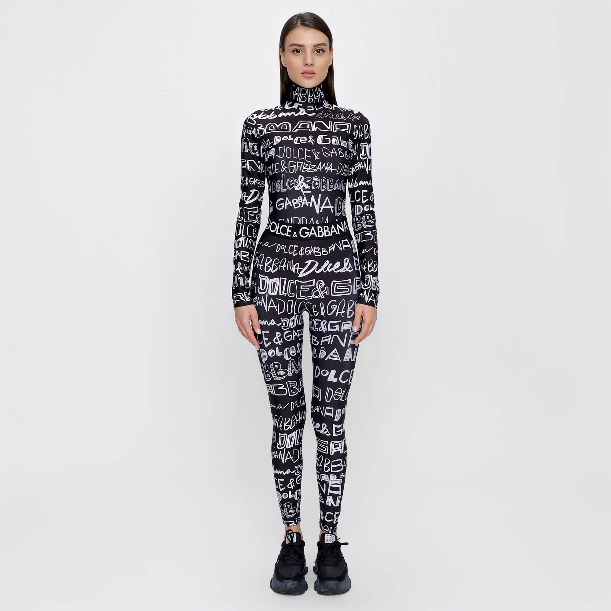 Dolce&Gabbana - Black & White Spandex Jersey DG Graffiti Print Bodysuit & Leggings Set